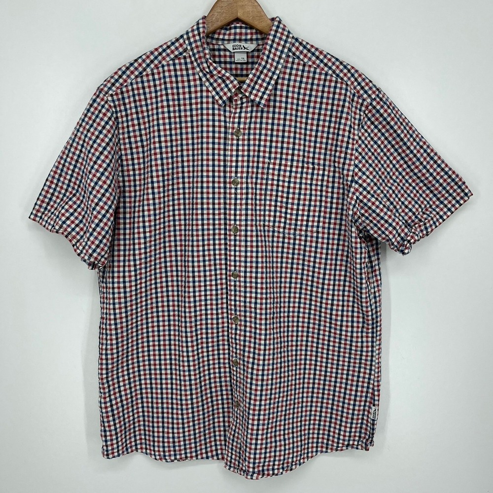 Eddie Bauer Mens TXL Short Sleeve Button Shirt Red White Blue Gingham Seersucker